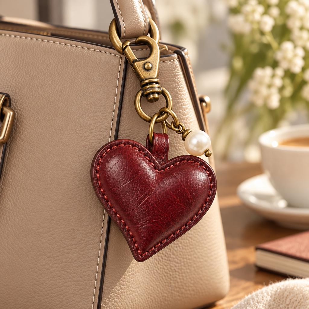 Burgundy Heart & Pearl Bag Charm — view 2