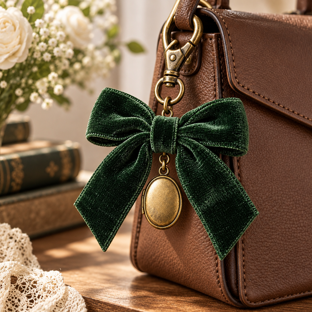 Forest Green Bow & Locket Bag Charm — view 2