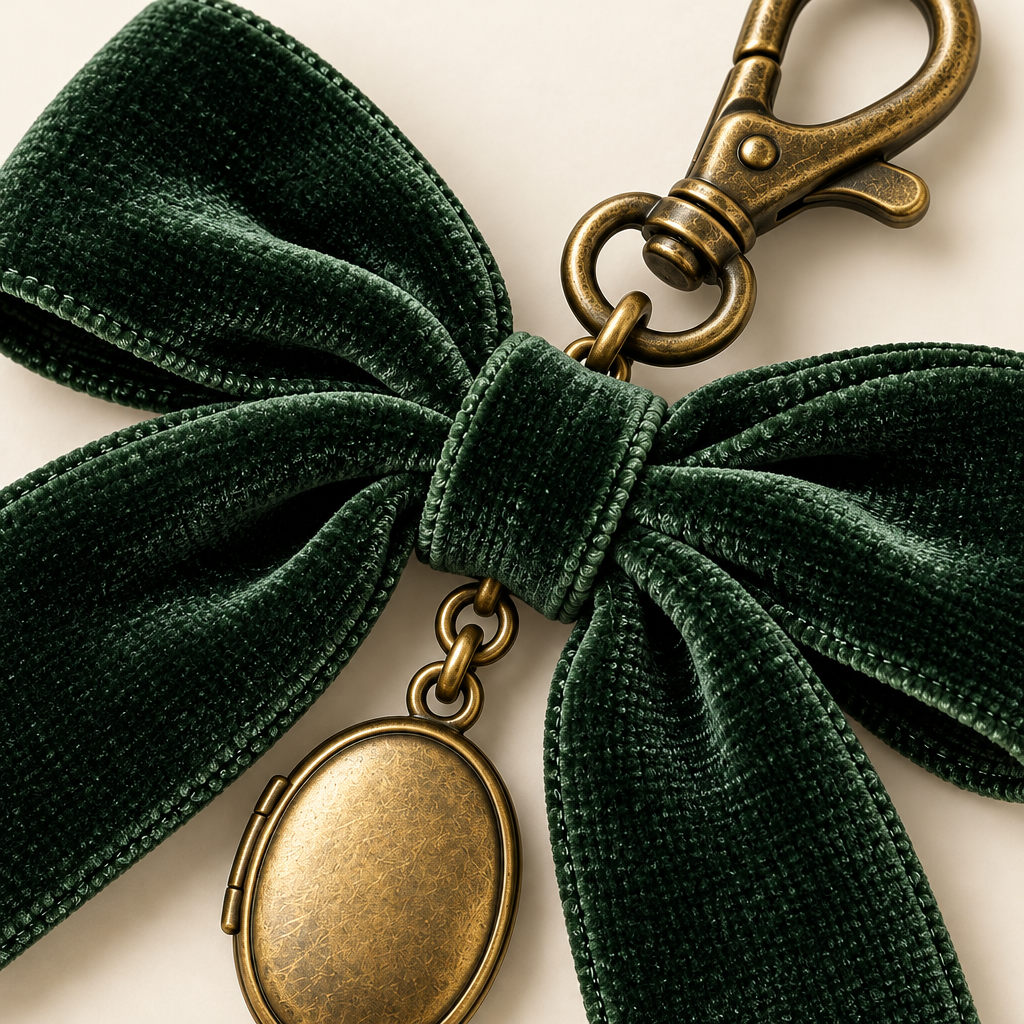 Forest Green Bow & Locket Bag Charm — view 3